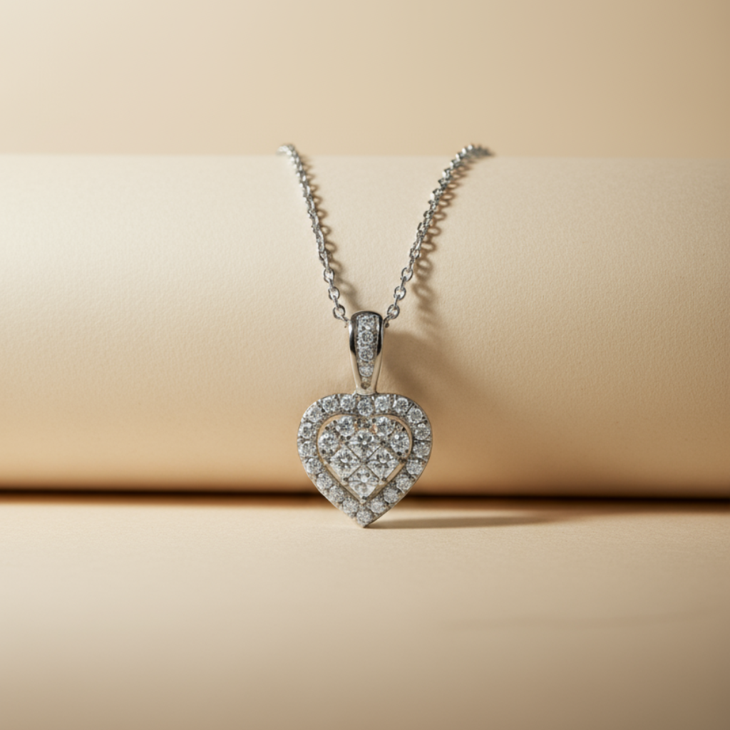 Princess Cut Halo Heart Pendant Necklace