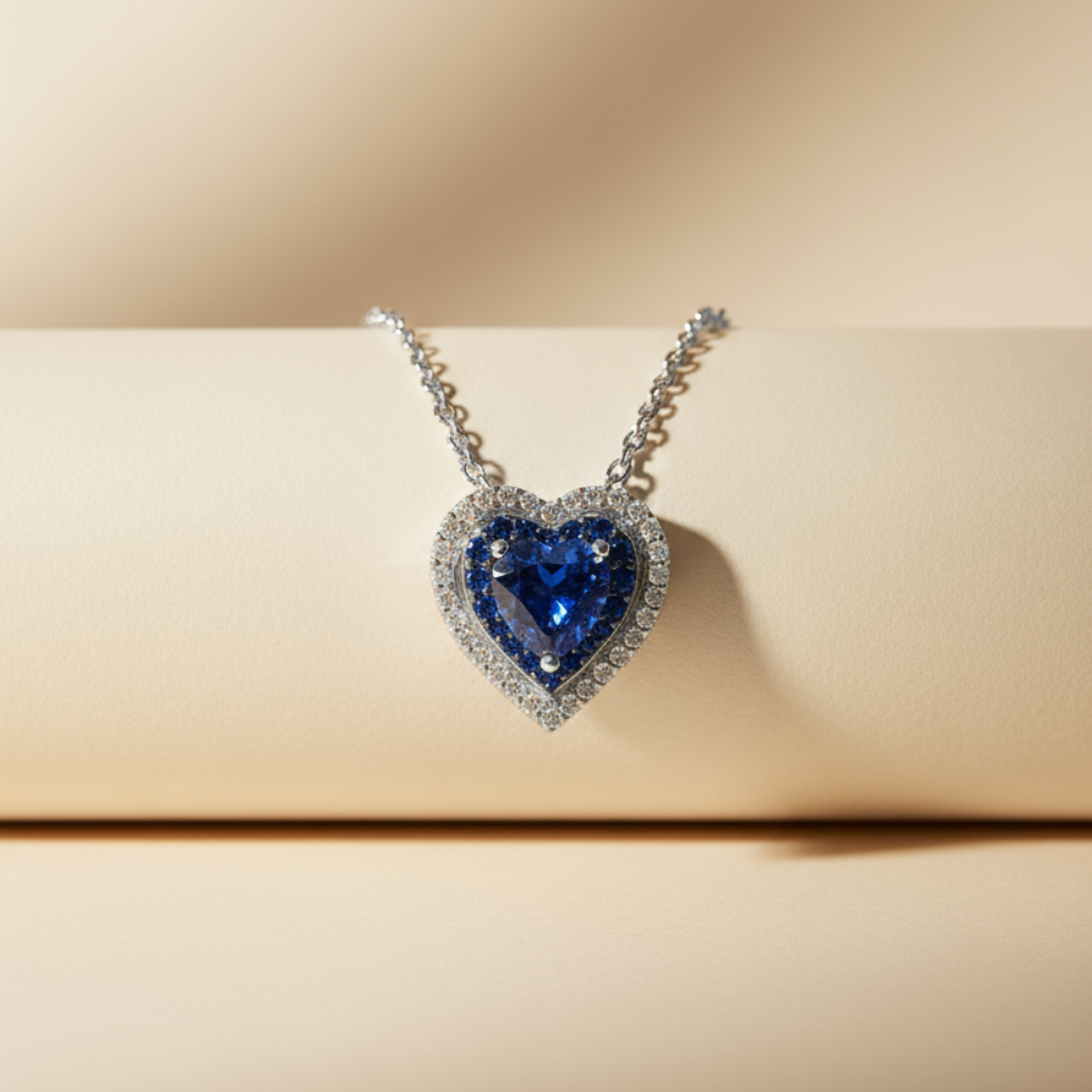 Blue Sapphire Double Heart Pendant Necklace