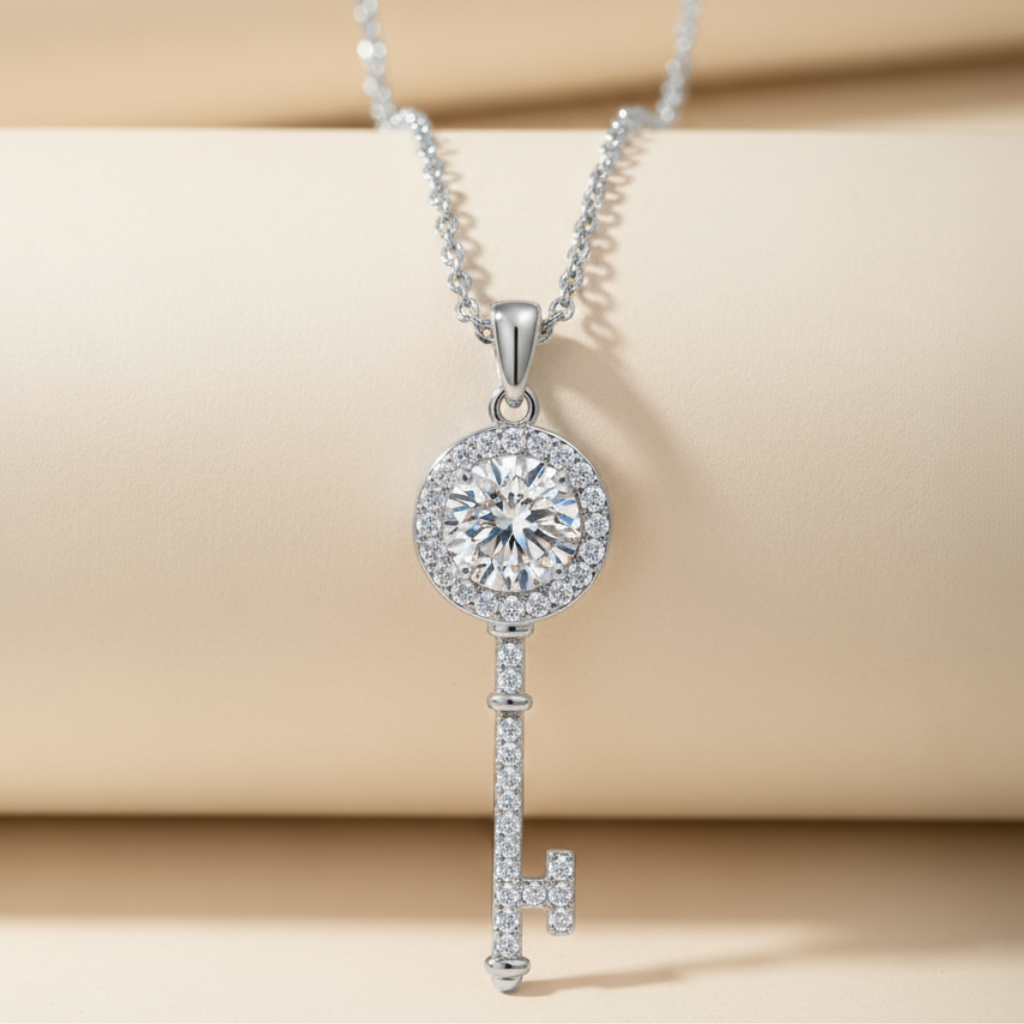 Moissanite Diamond Key Pendant Necklace