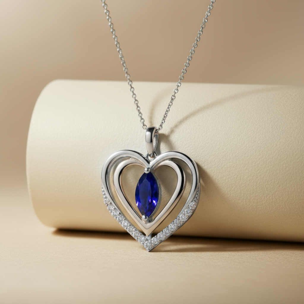 Sapphire Double Heart Pendant Necklace