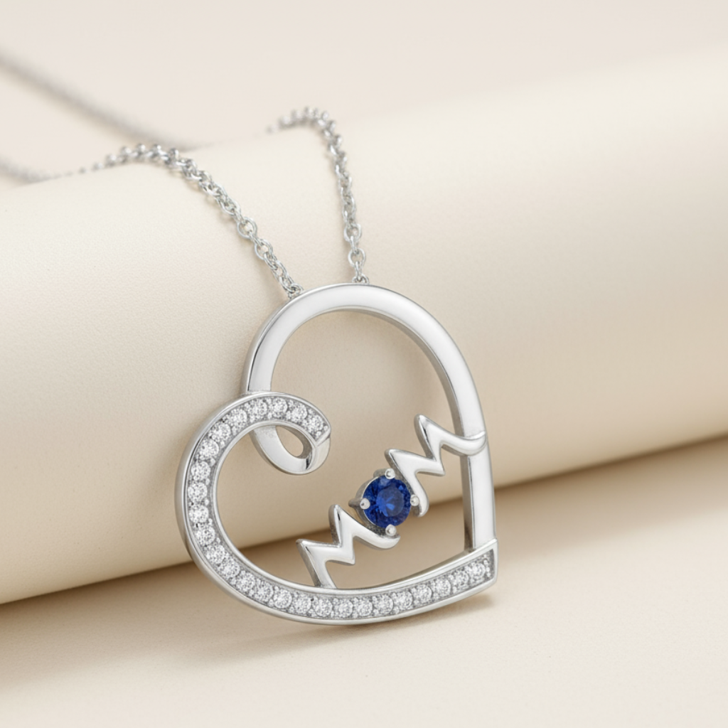Blue Sapphire Mom Heart Pendant Necklace