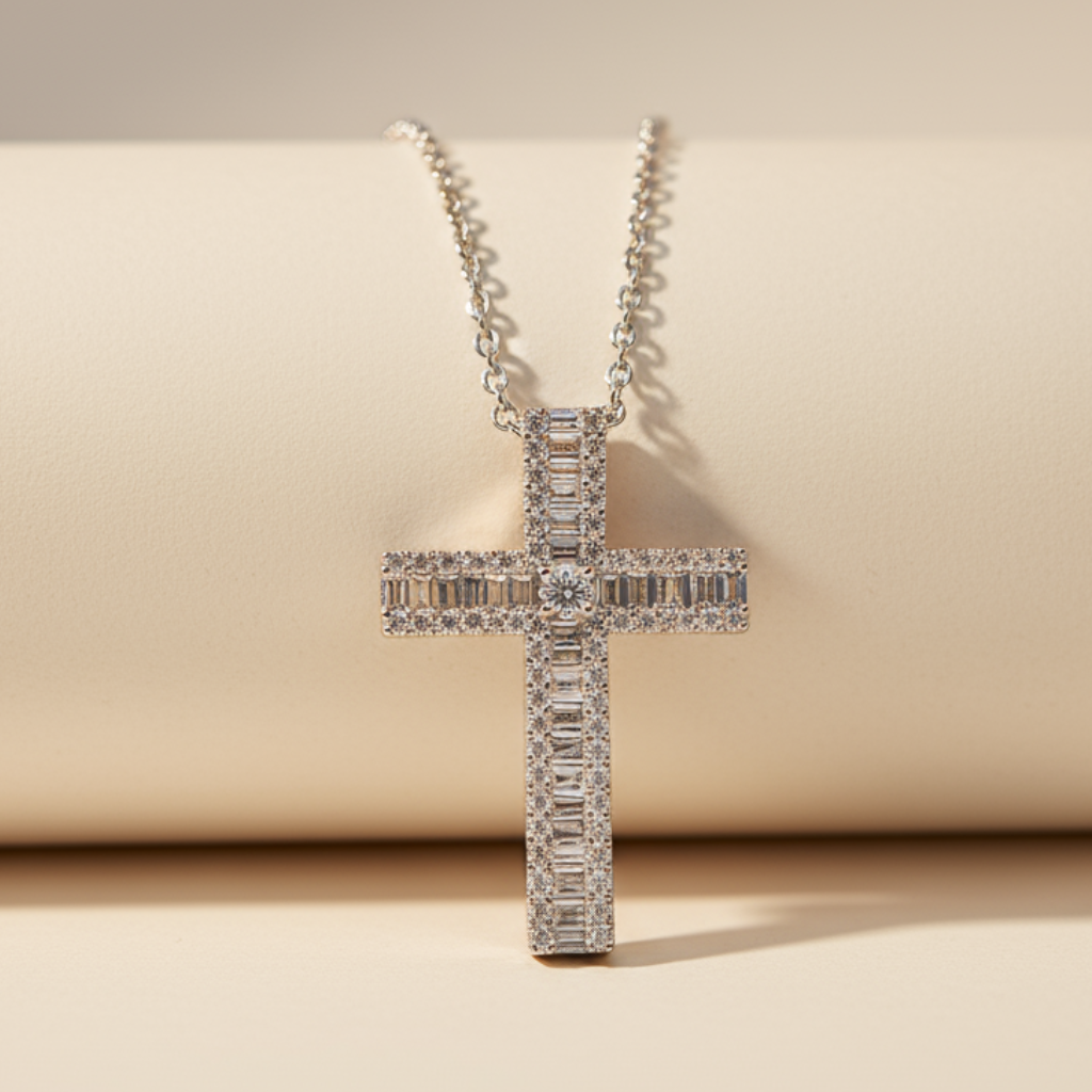 Baguette Moissanite Cross Pendant Necklace