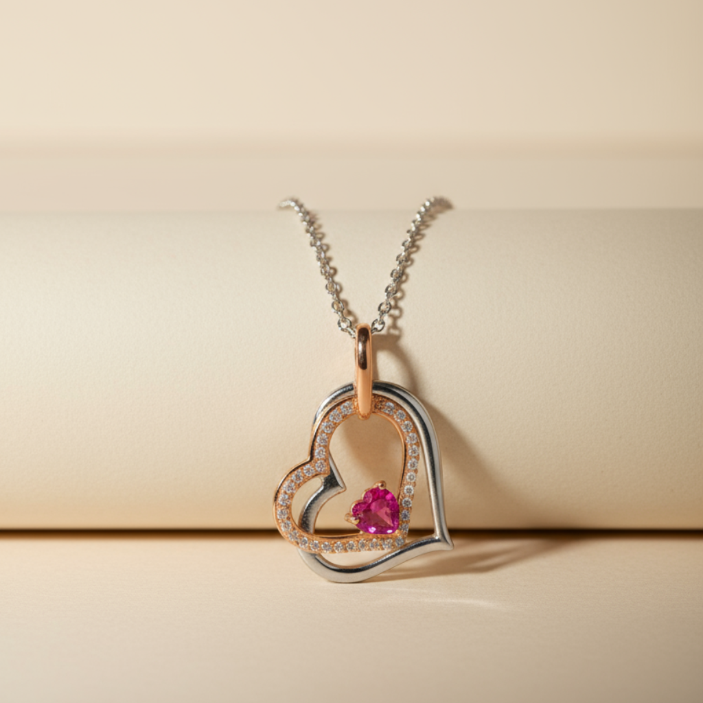 Ruby Tilted Double Heart Pendant Necklace
