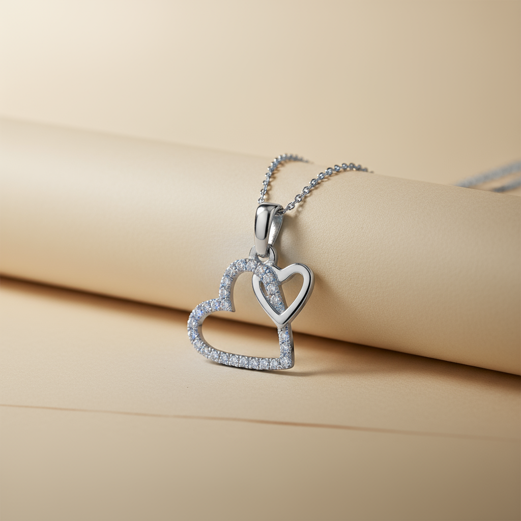 Double Interlocking Love Heart Pendant Necklace