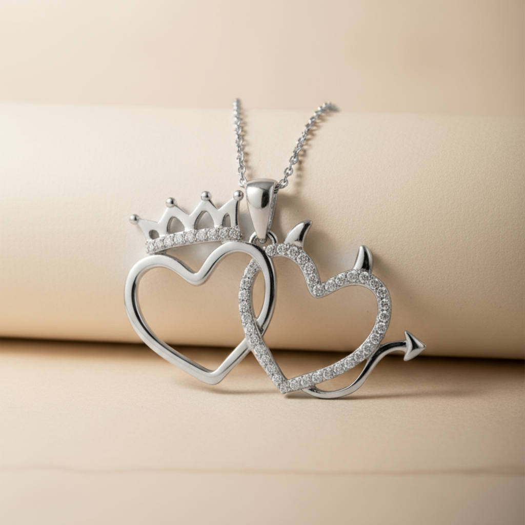 Crown Devil Double Heart Pendant Necklace