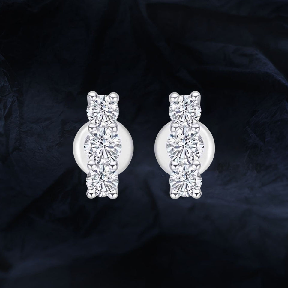 Three Stone Moissanite Diamond Bar Stud