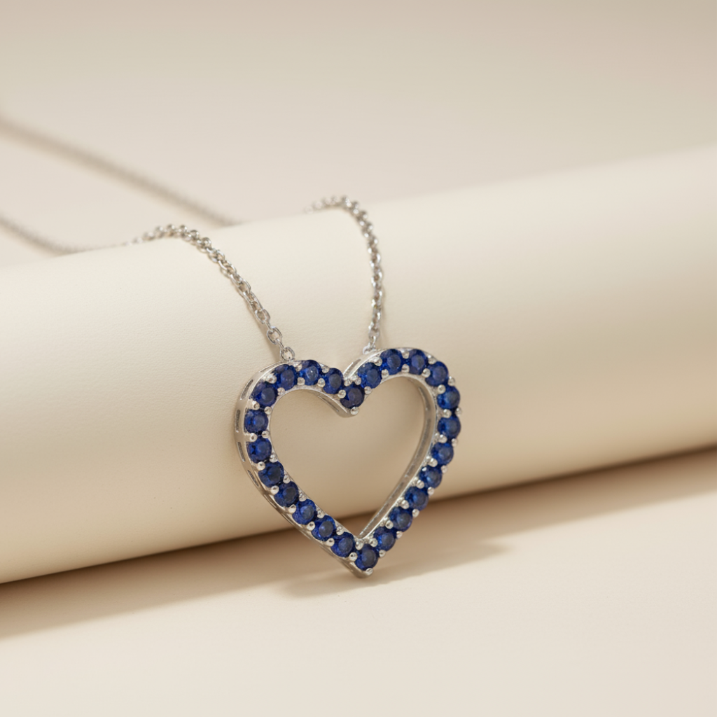 Blue Sapphire Open Love Heart Gemstone Pendant Necklace