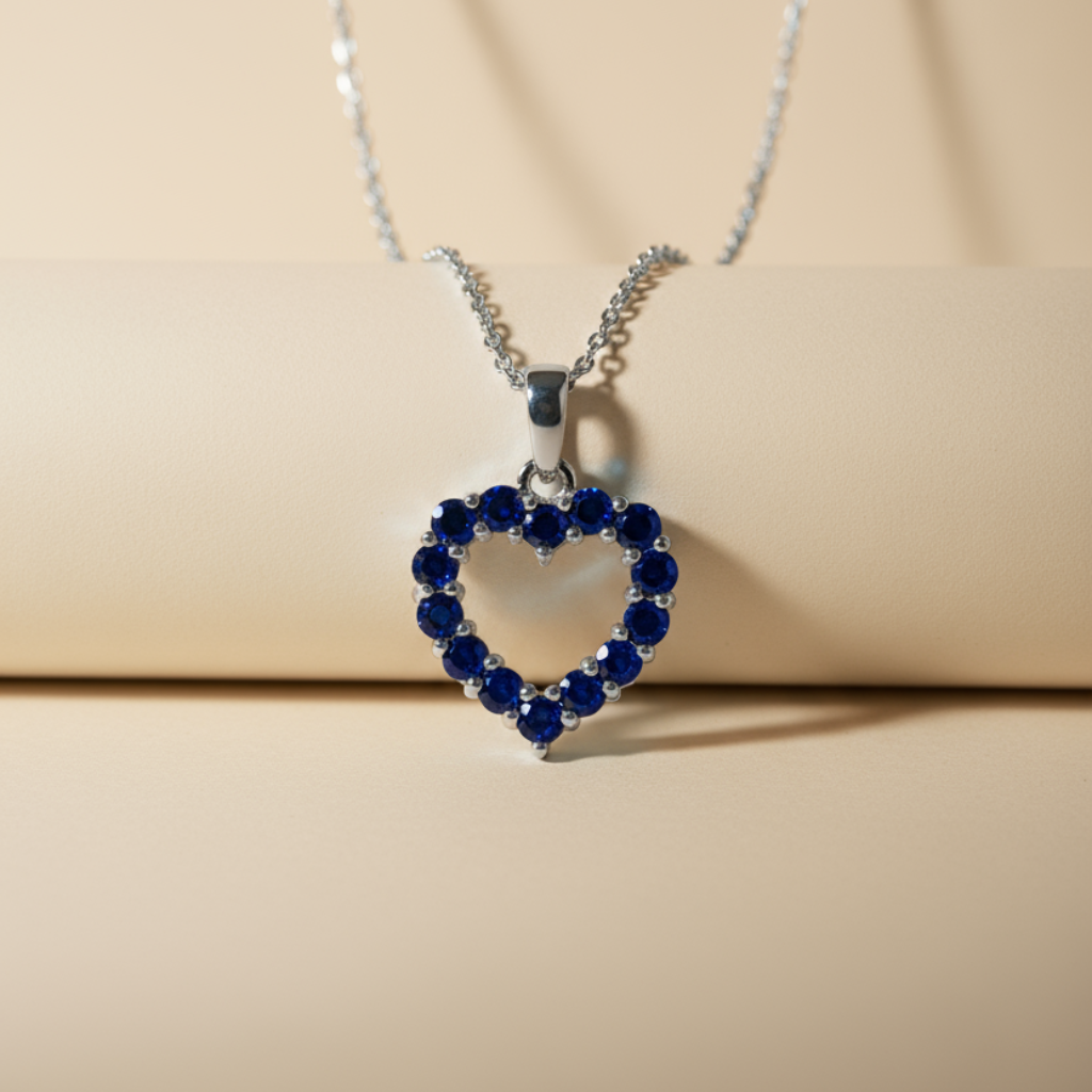 Blue Sapphire Heart Outline Drop Pendant Necklace