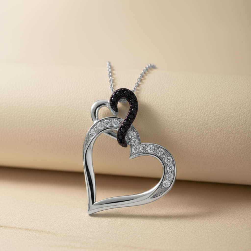 Black and White Double Heart Pendant Necklace