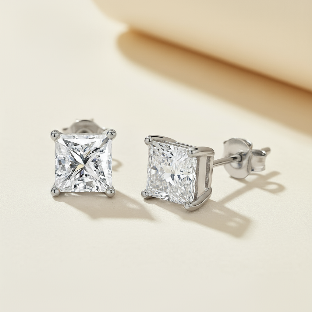 Princess Cut Moissanite Diamond Solitaire Stud