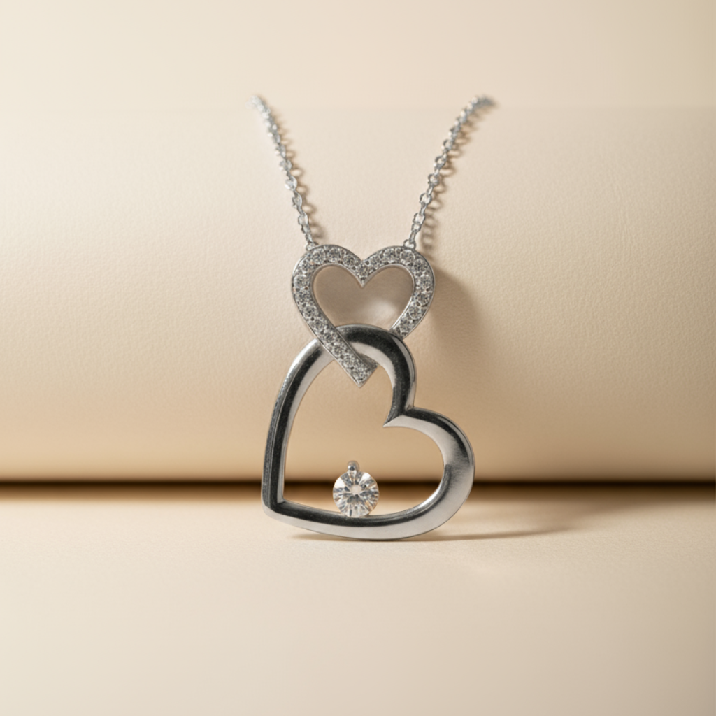 Beaded Interlocking Love Double Heart Pendant Necklace