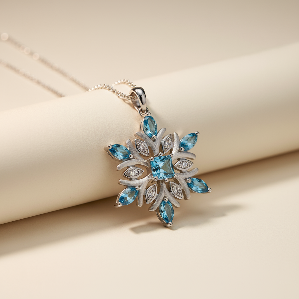 Aquamarine Snowflake Pendant Necklace