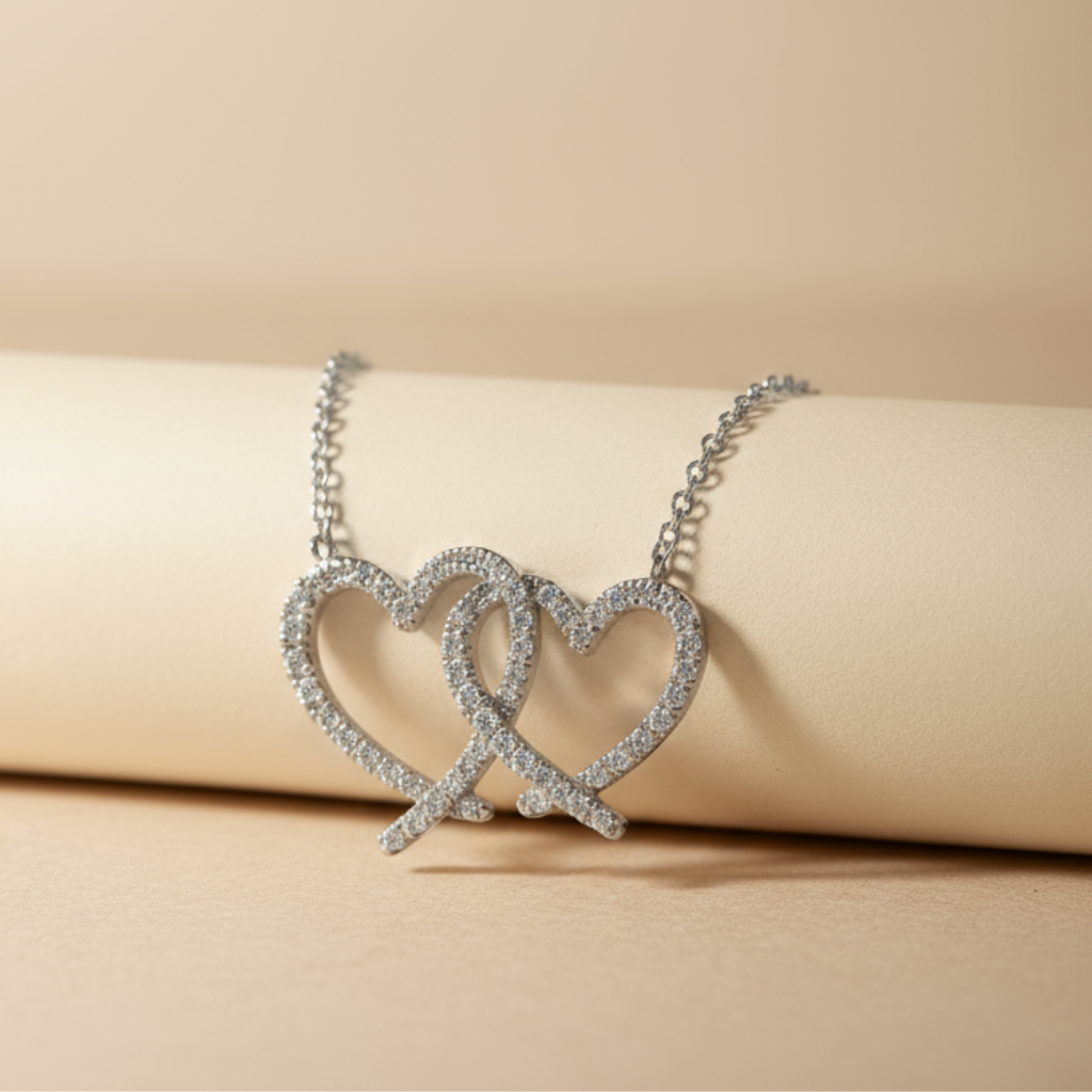 Round Cut Interlocking Double Heart Pendant Necklace