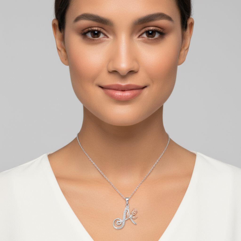 Initial Alphabet Rose Pendant Necklace