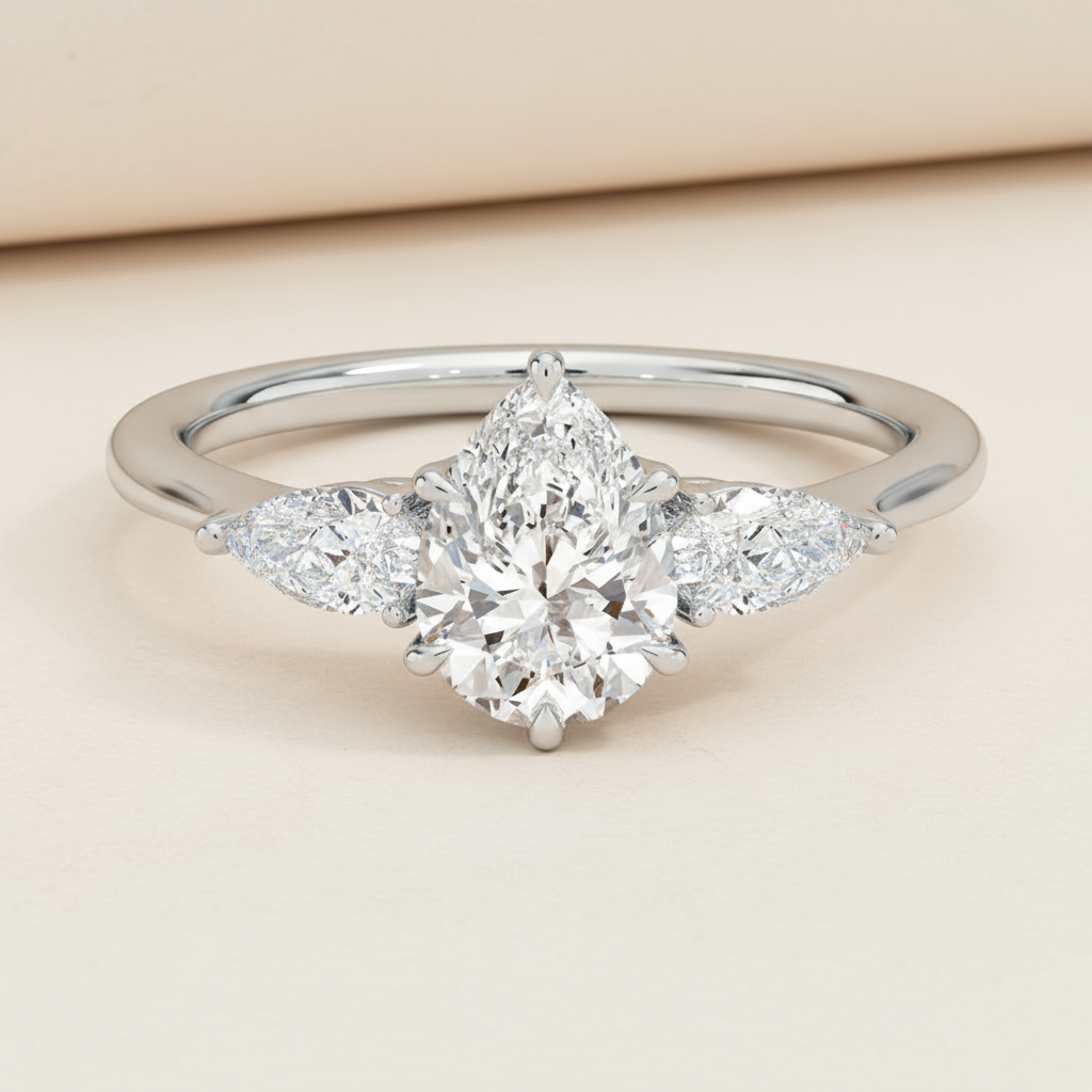 Pear Cut Three Stone Moissanite Diamond Ring