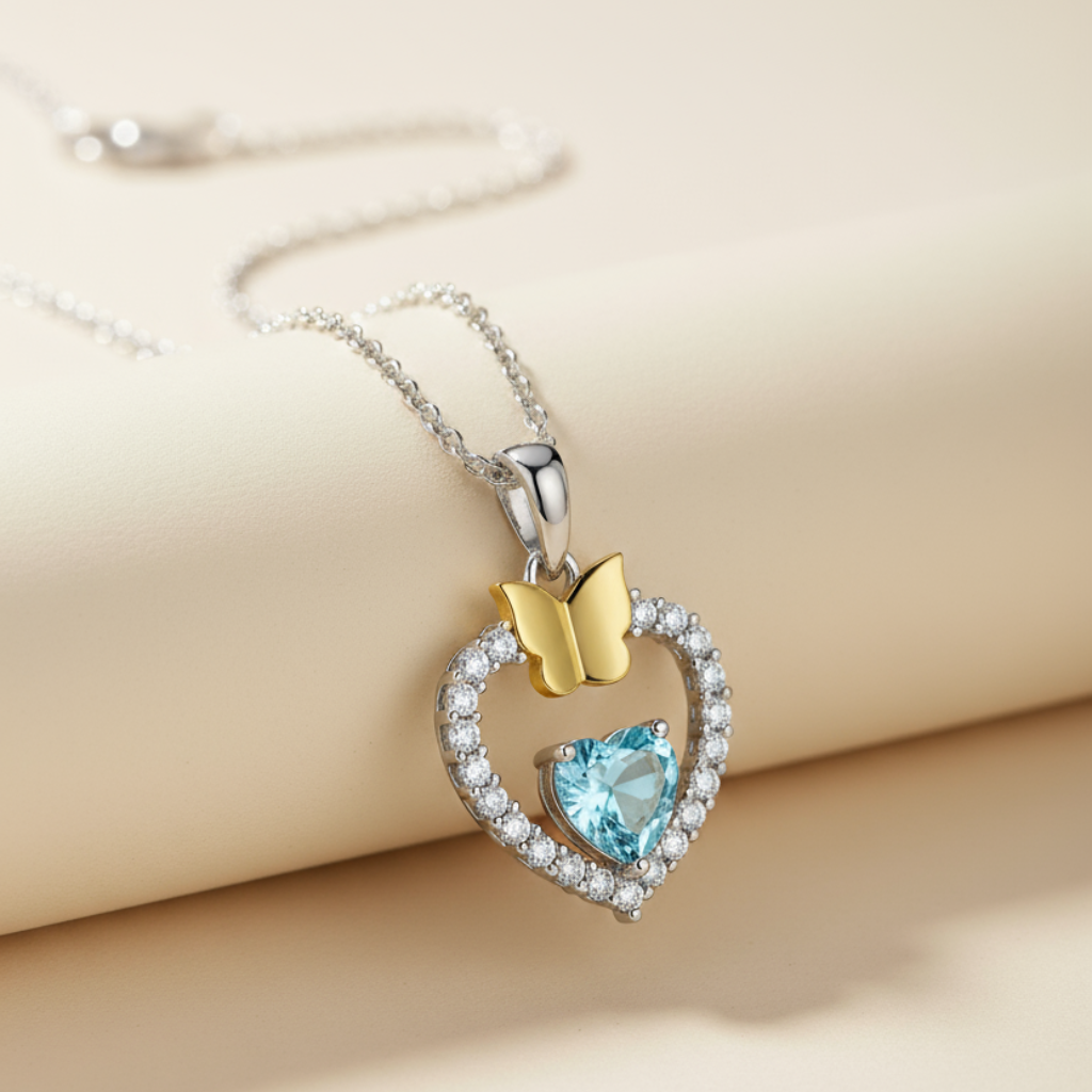 Gemstone Heart Butterfly Pendnat Necklace