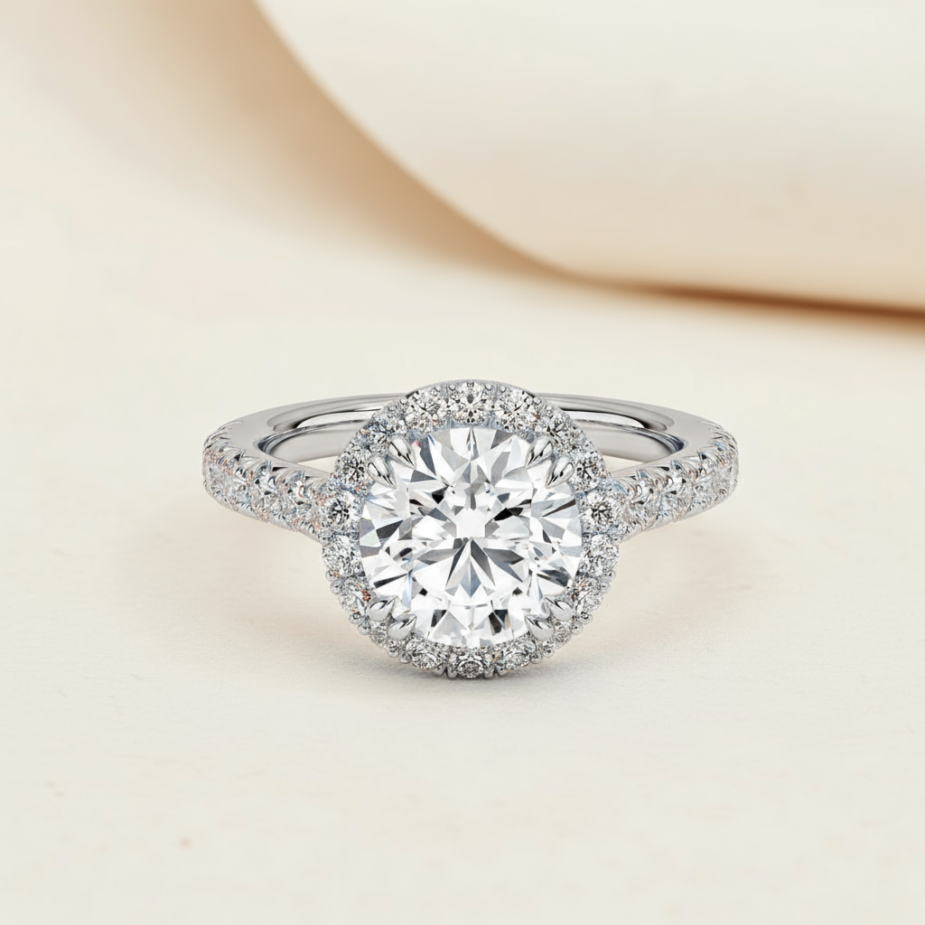 Round Halo Half Moissanite Diamond Ring