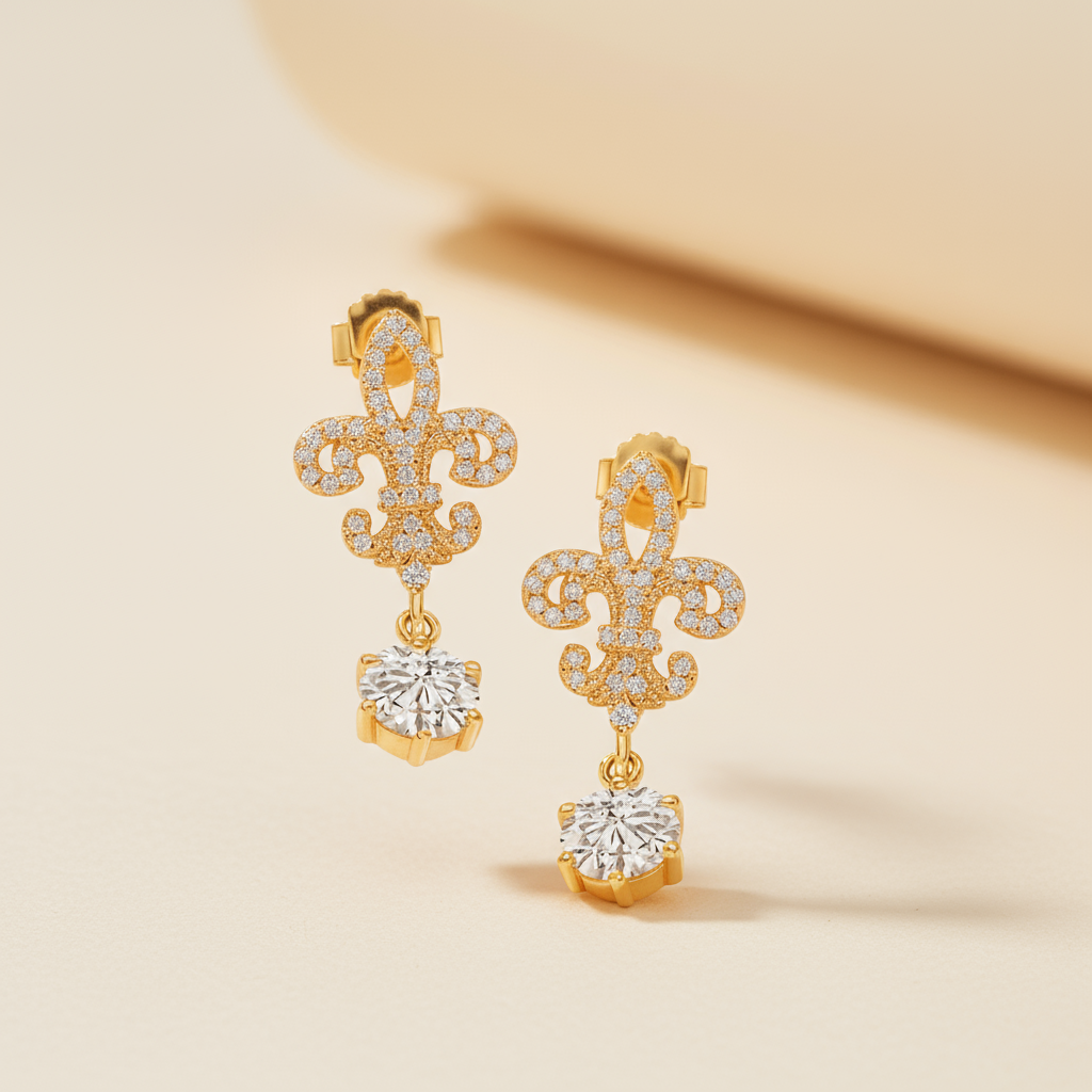 Moissanite Diamond Fleur De Lis Dangle Earrings