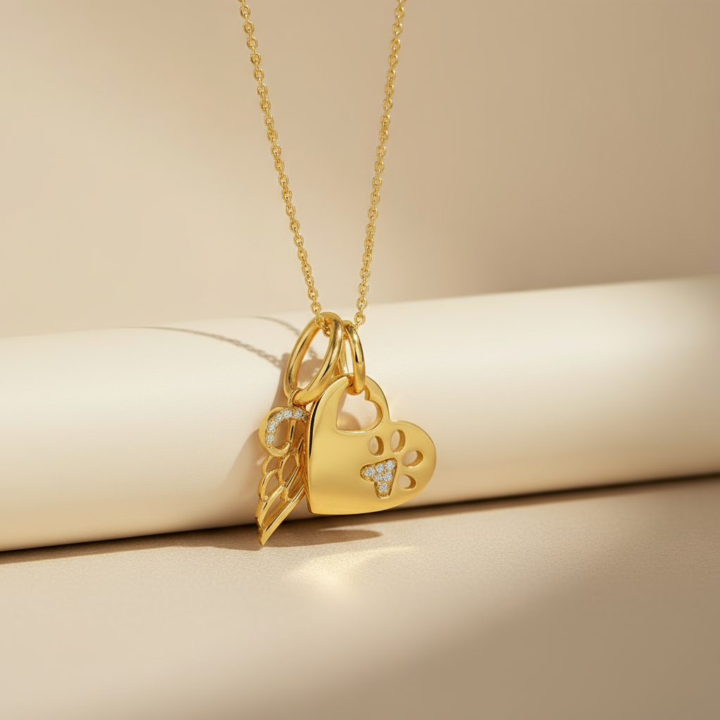 Paw Print Heart Angel Wing Pendant Necklace