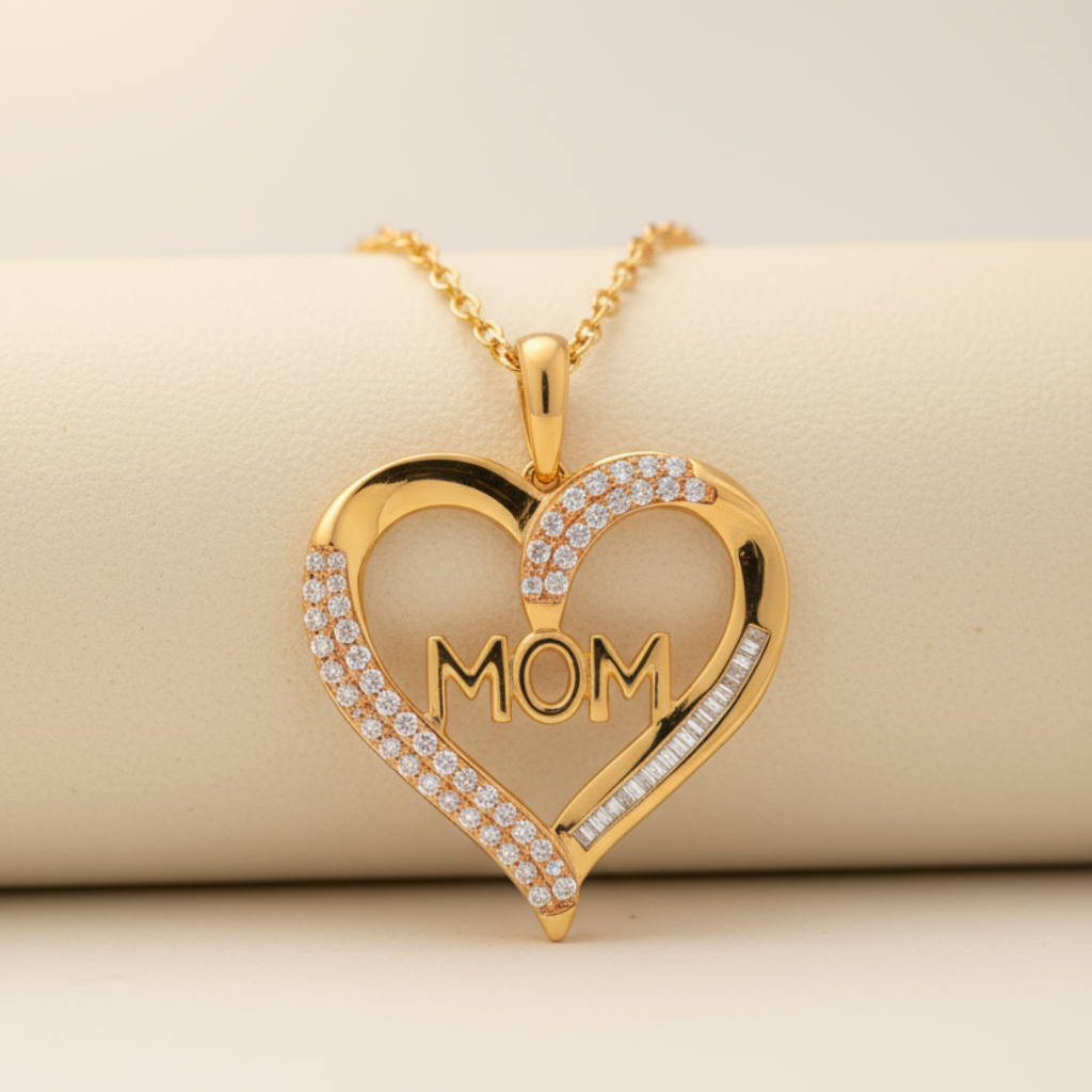 Baguette Heart Mom Pendant Necklace