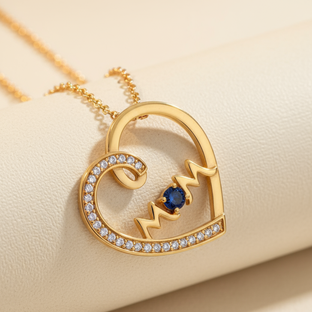 Blue Sapphire Mom Heart Pendant Necklace
