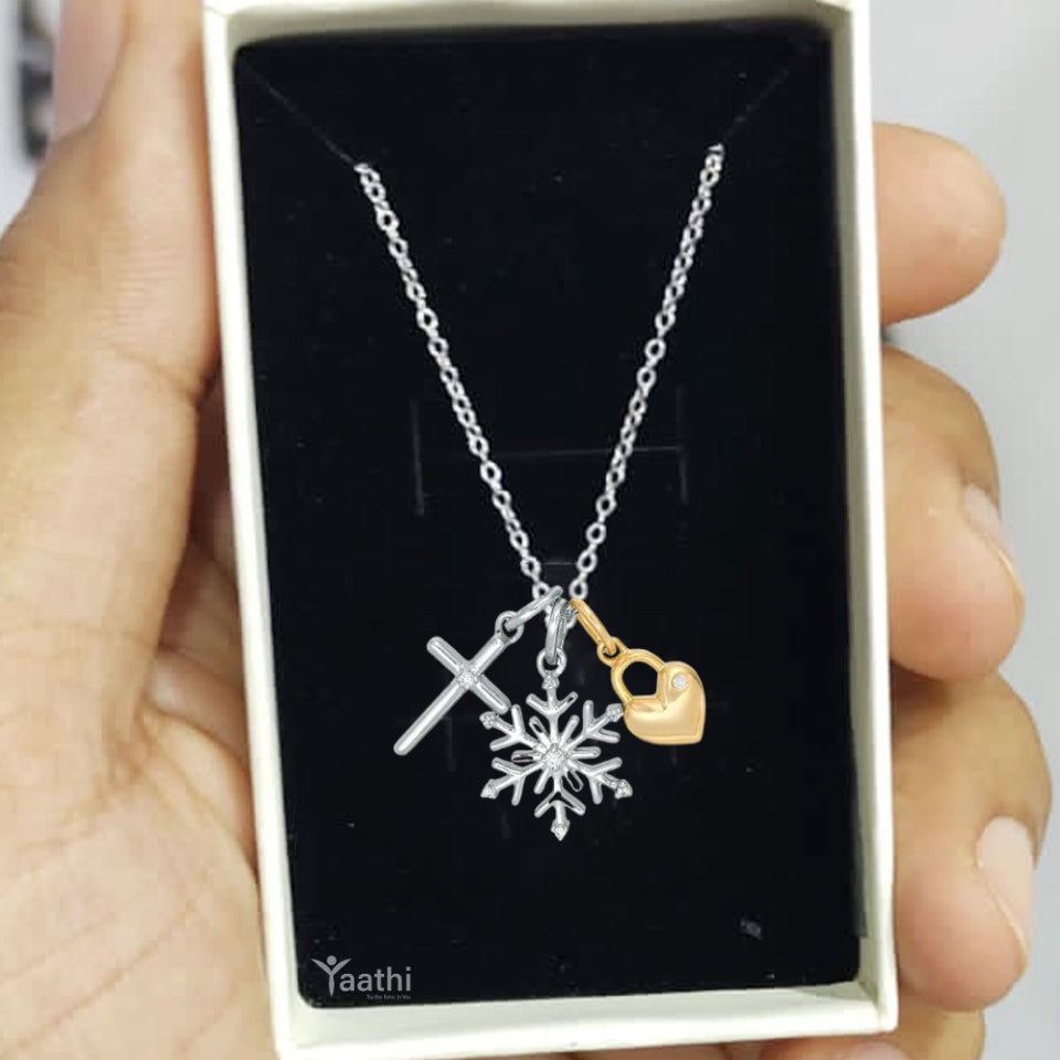 Cross, Snowflake and Heart Lock Charms Pendant Necklace