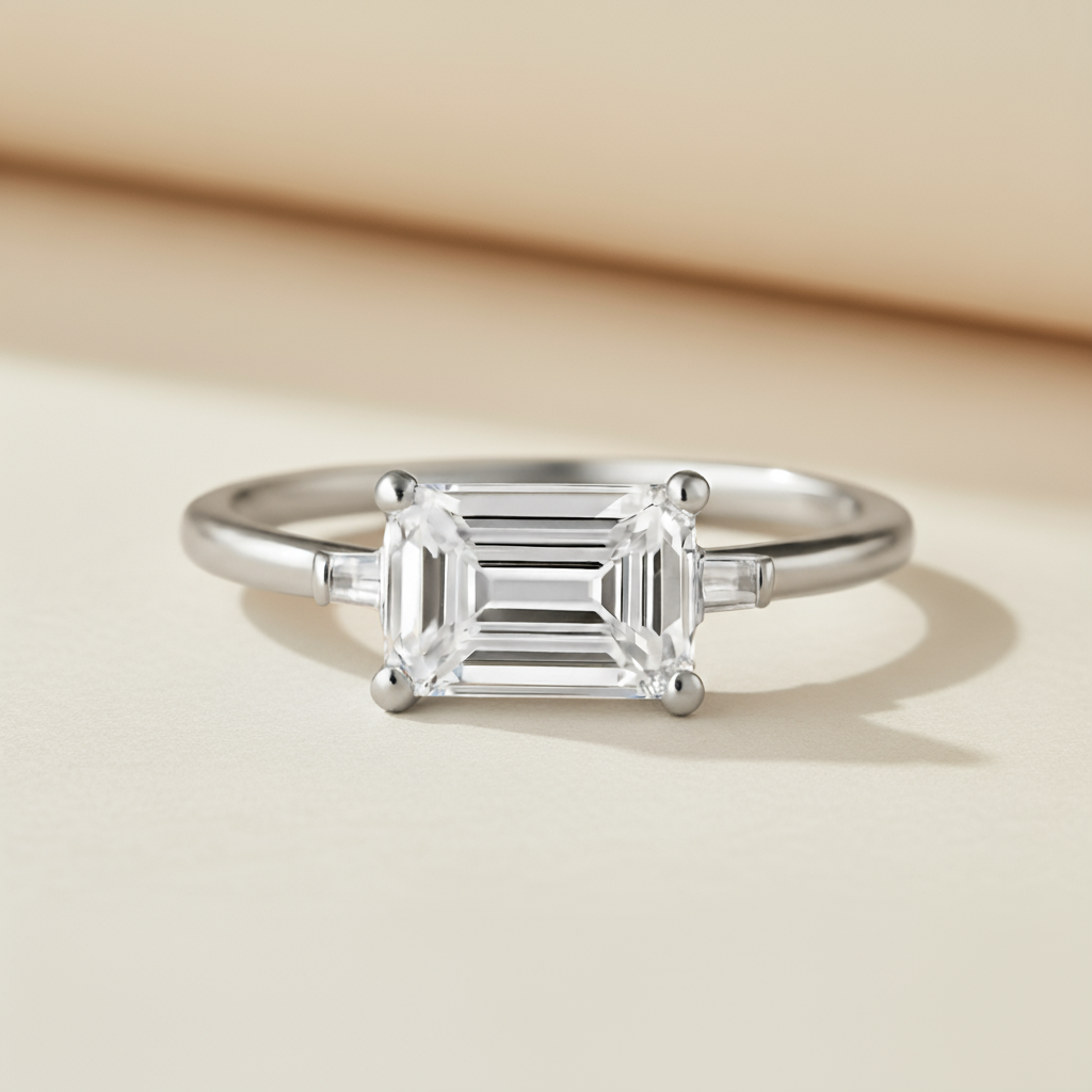 Emerald Three Stone Moissanite Diamond Ring