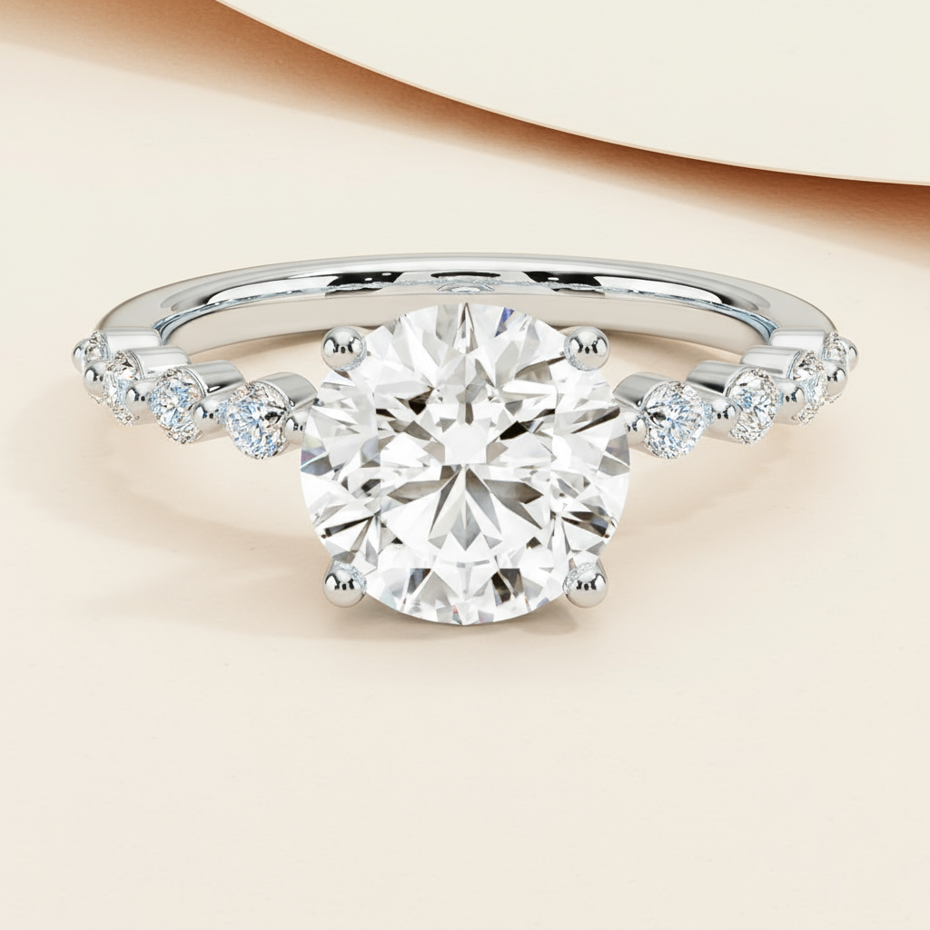 Round Accent Moissanite Diamond Engagement Ring