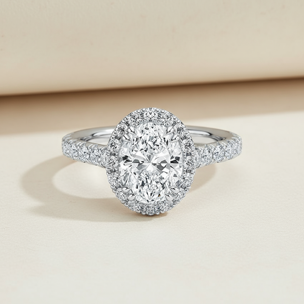Oval Halo Half Moissanite Diamond Ring