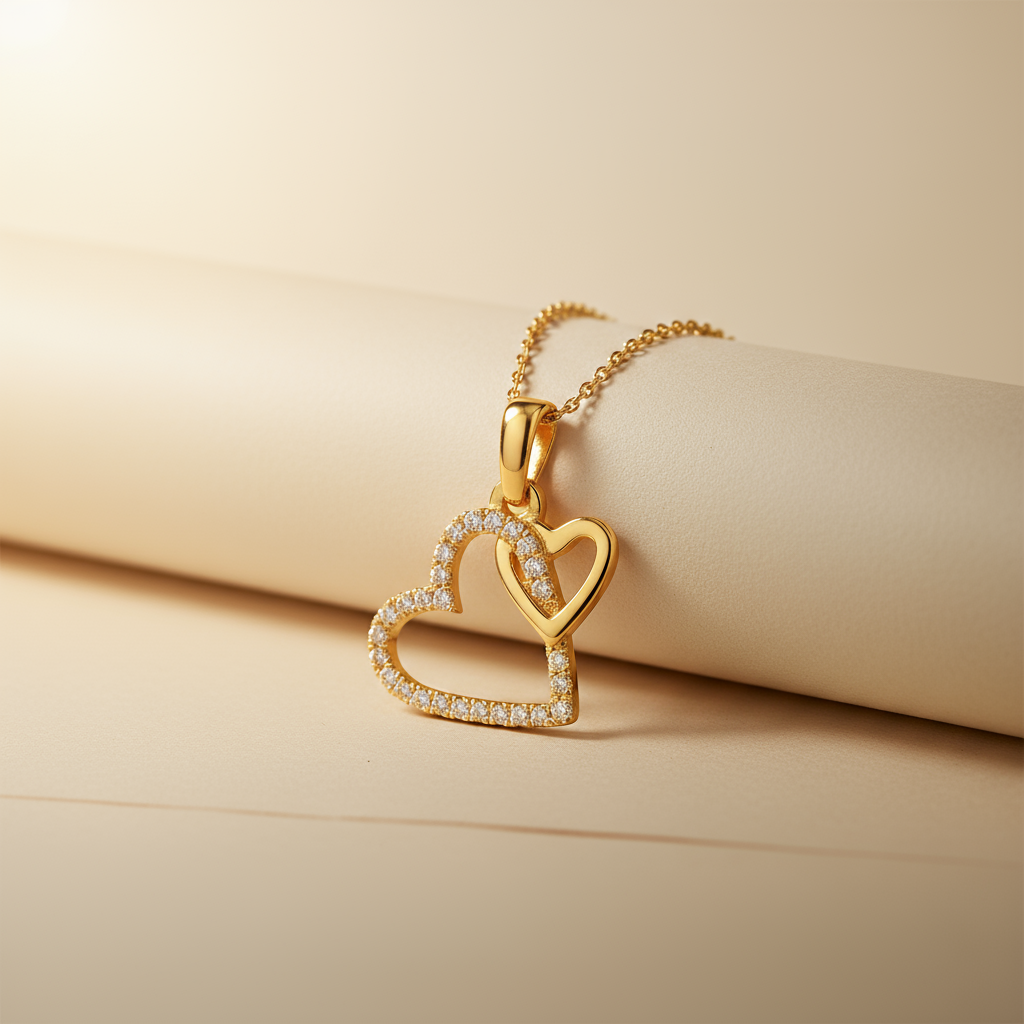 Double Interlocking Love Heart Pendant Necklace
