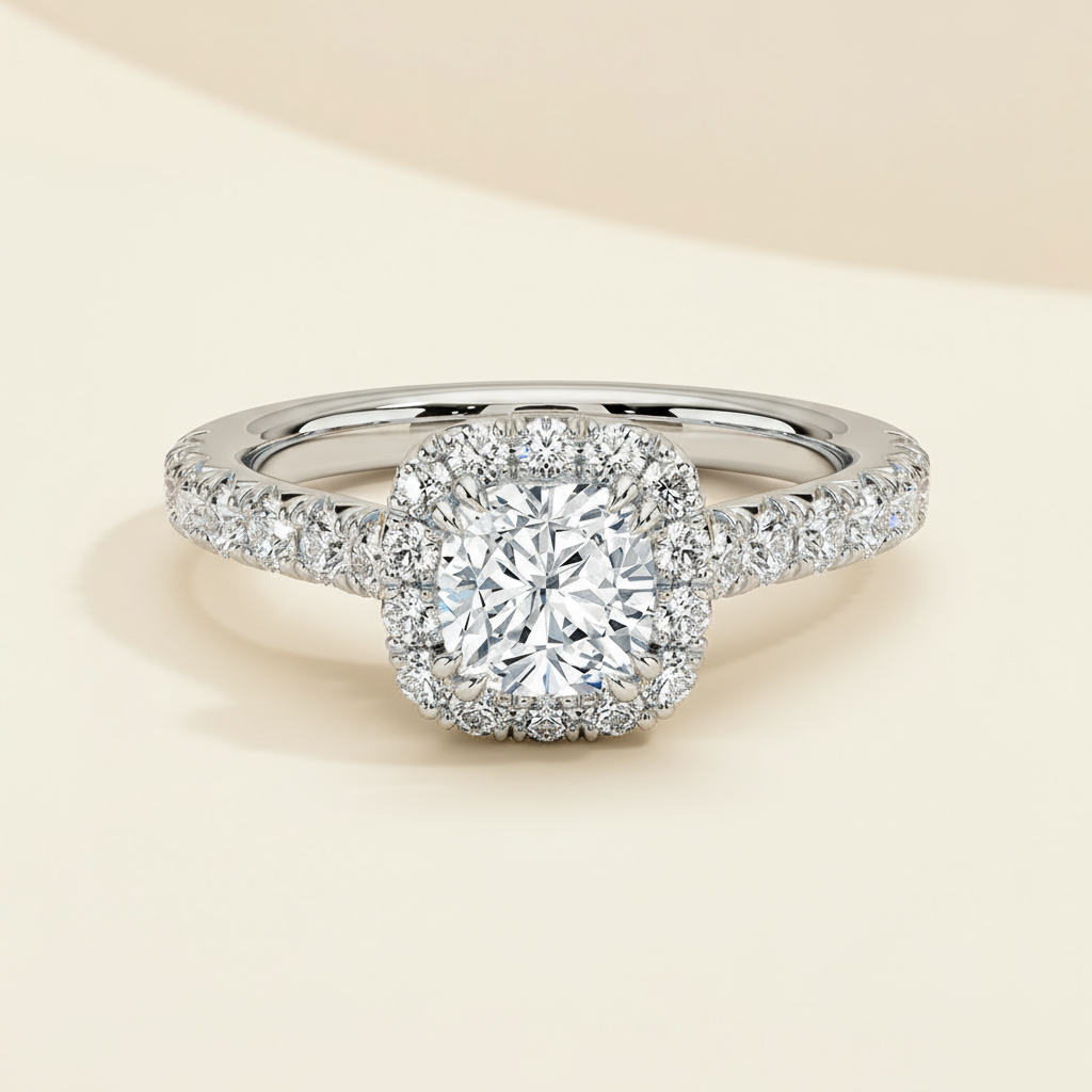 Cushion Halo Half Moissanite Diamond Ring