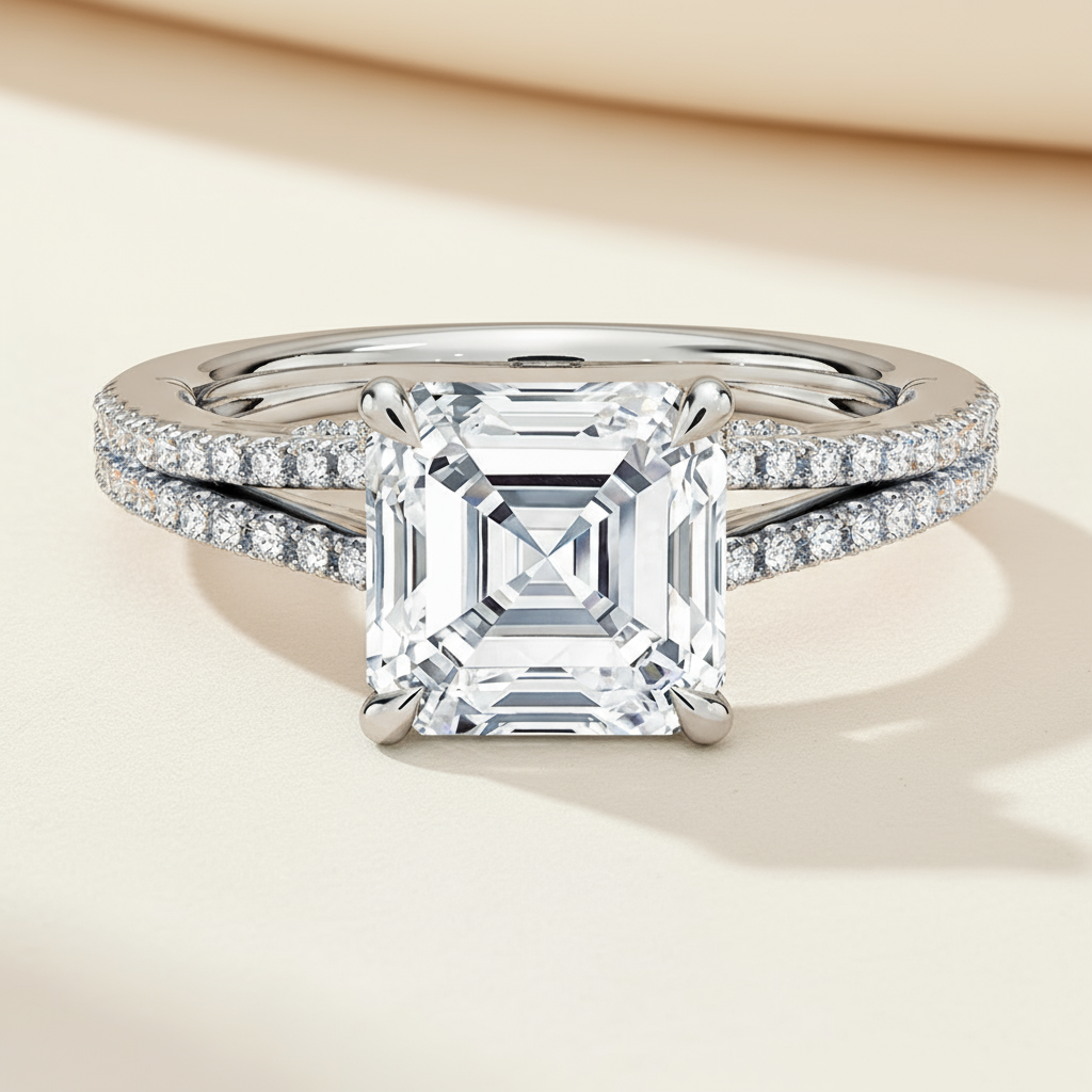 Asscher Moissanite Diamond Split Shank Ring
