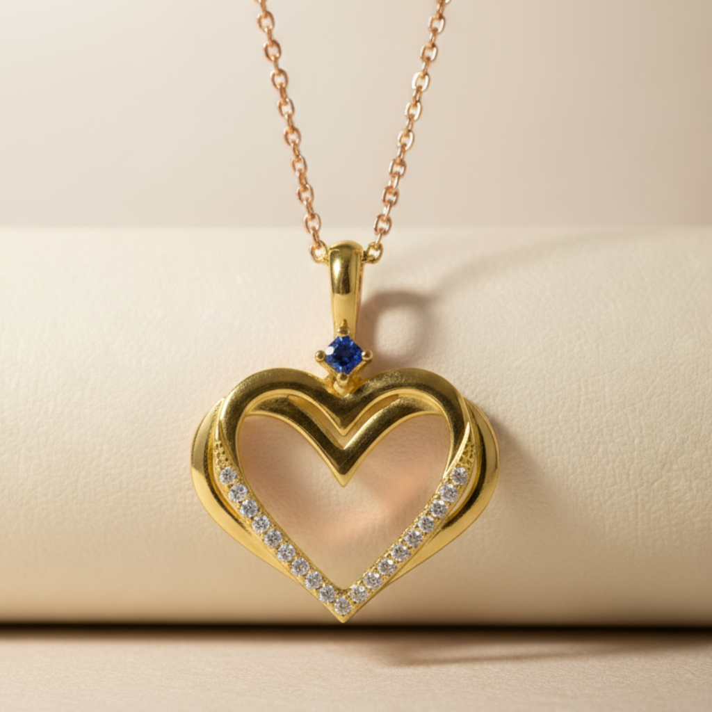 Lavish Blue Sapphire Double Heart Pendant Necklace