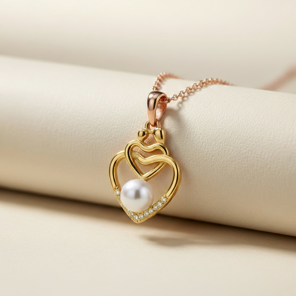 Pearl Child with Mom Double Heart Pendant Necklace