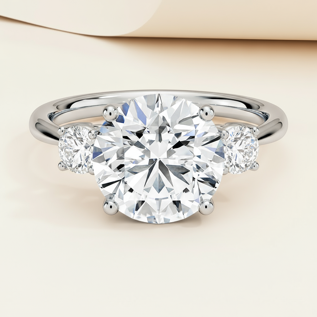 Round Three Stone Moissanite Diamond Engagement Ring