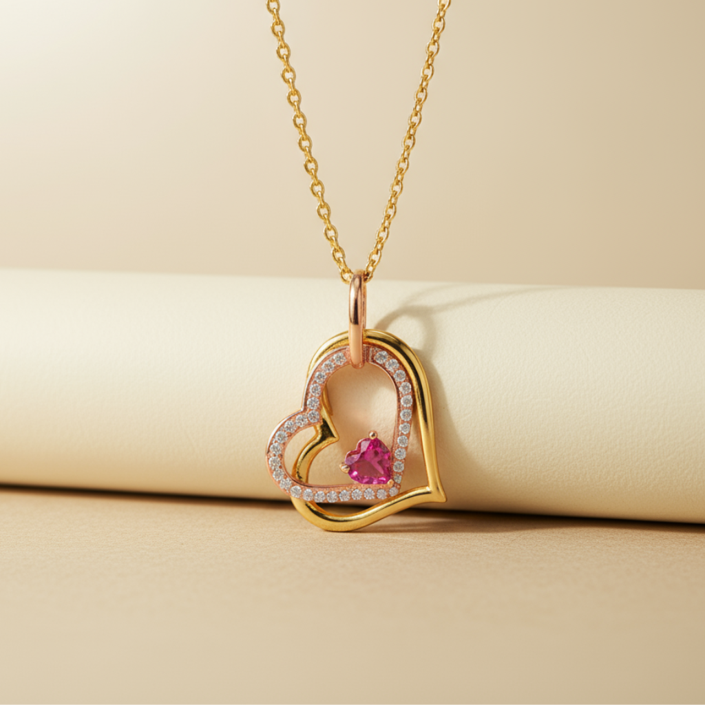 Ruby Tilted Double Heart Pendant Necklace