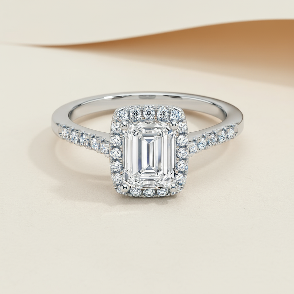 Emerald Cut Halo Moissanite Diamond Ring