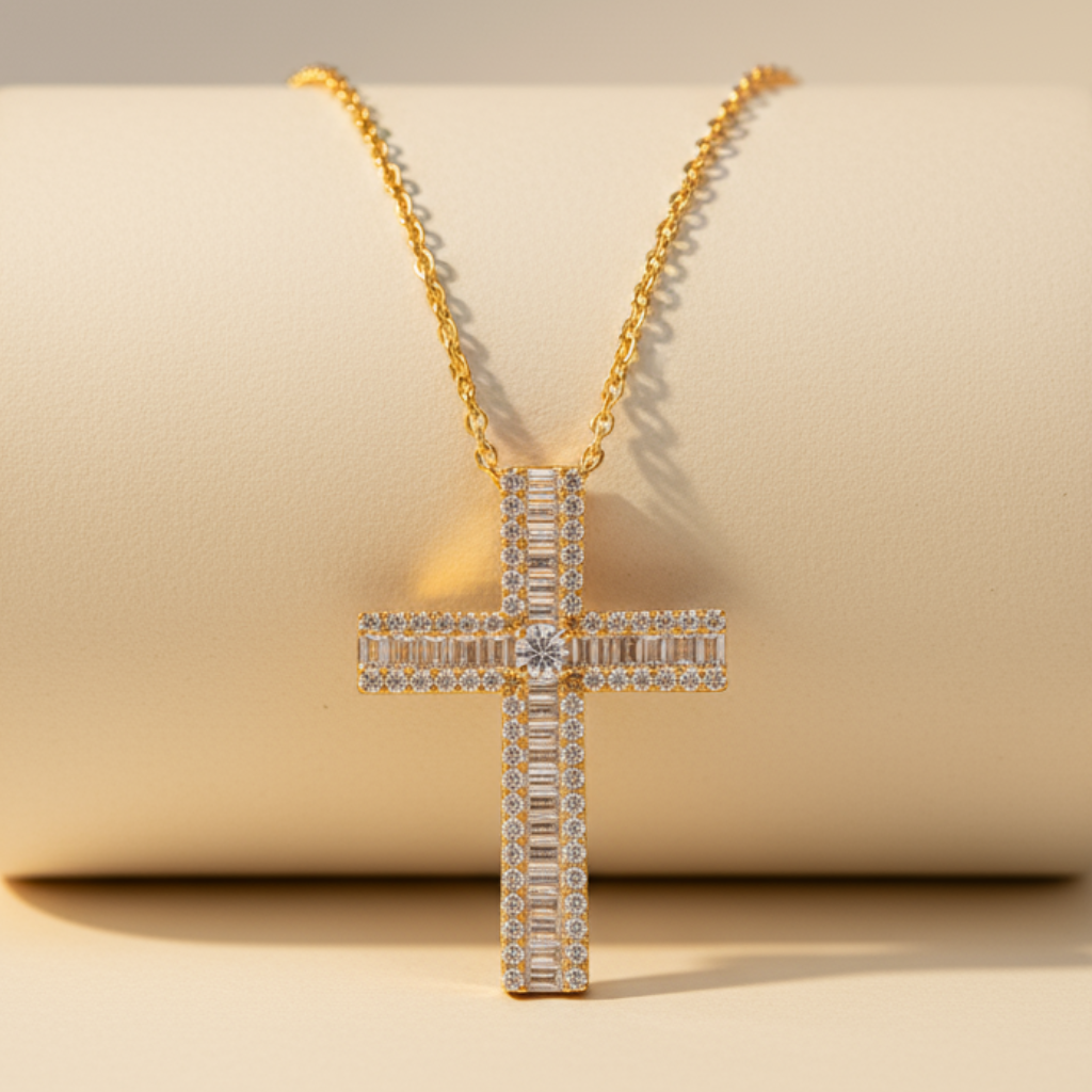 Baguette Moissanite Cross Pendant Necklace