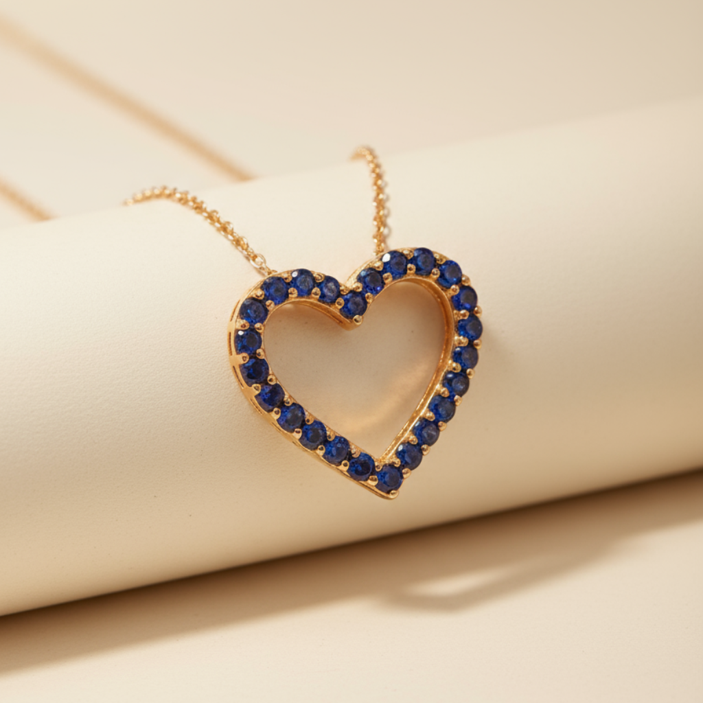 Blue Sapphire Open Love Heart Gemstone Pendant Necklace