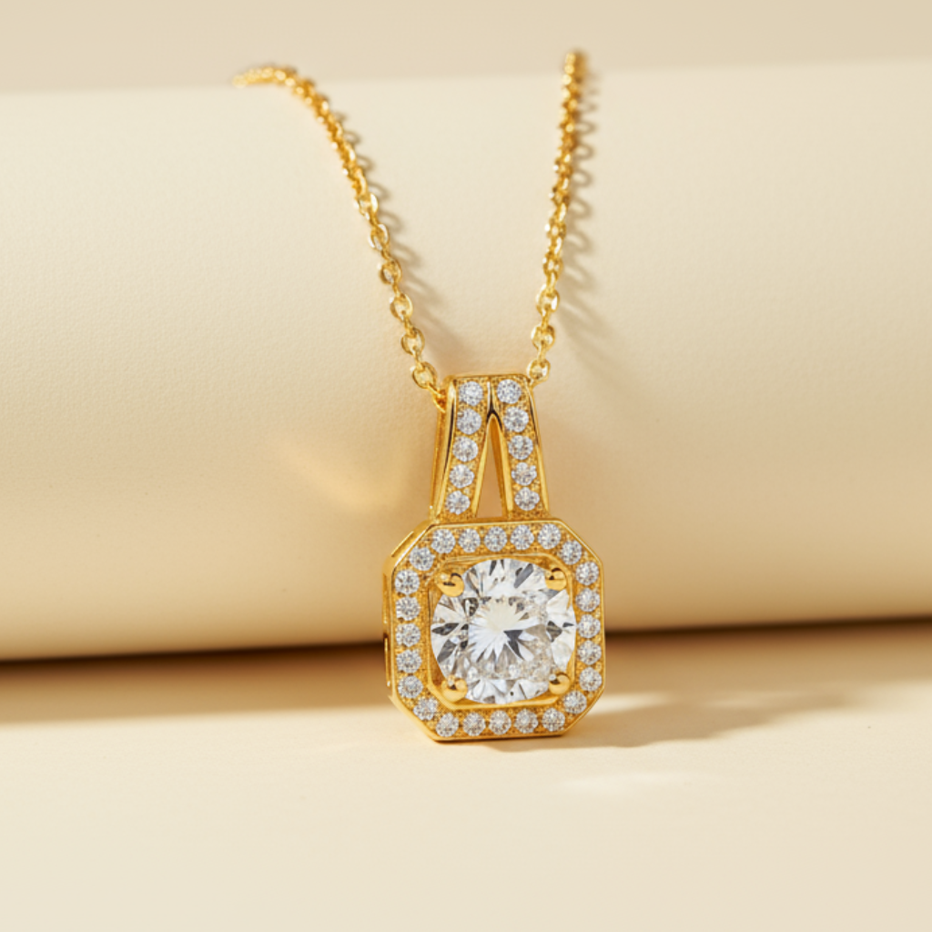 Cushion Cut Halo Pendant Necklace