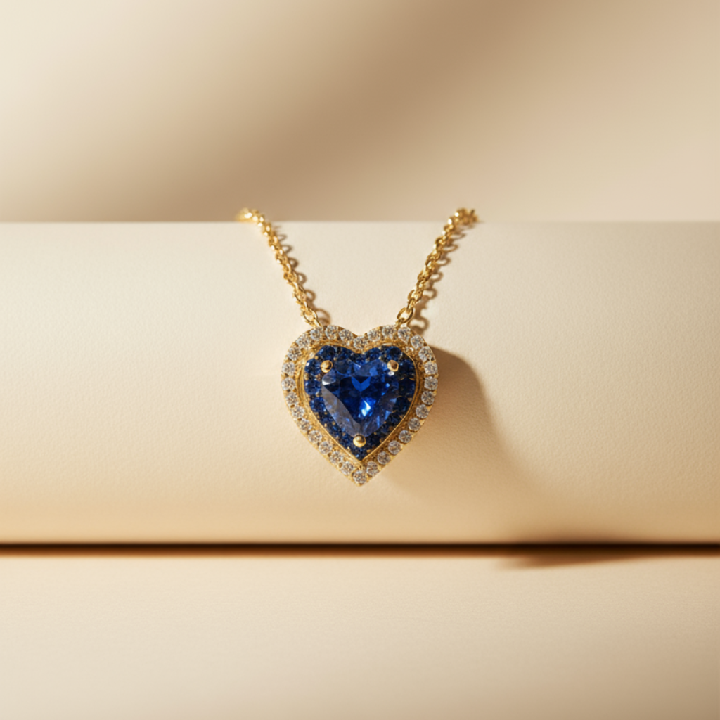 Blue Sapphire Double Heart Pendant Necklace