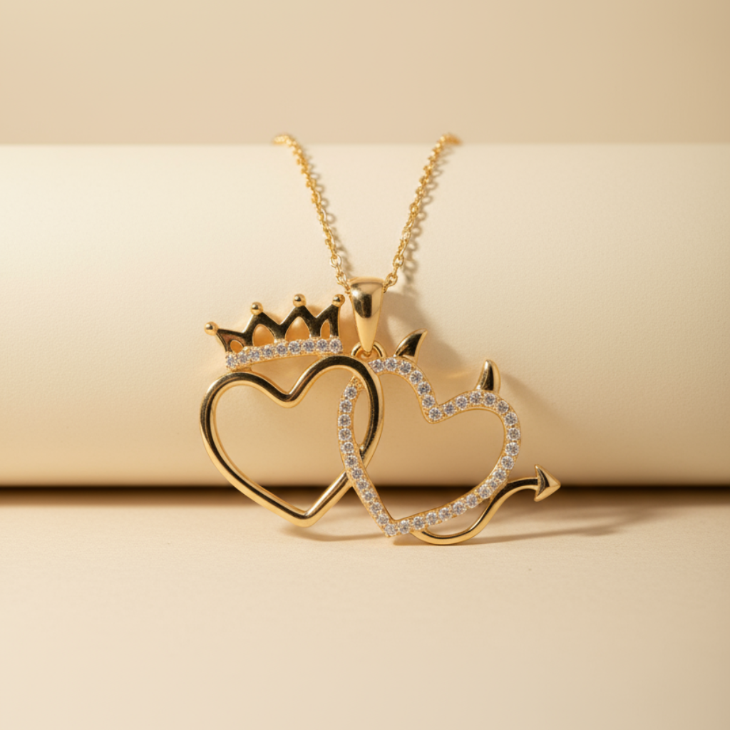 Crown Devil Double Heart Pendant Necklace