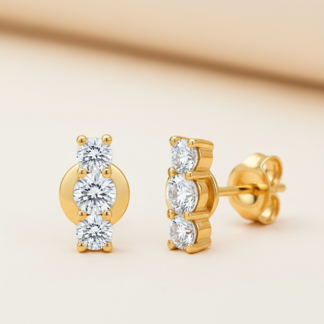 Three Stone Moissanite Diamond Bar Stud