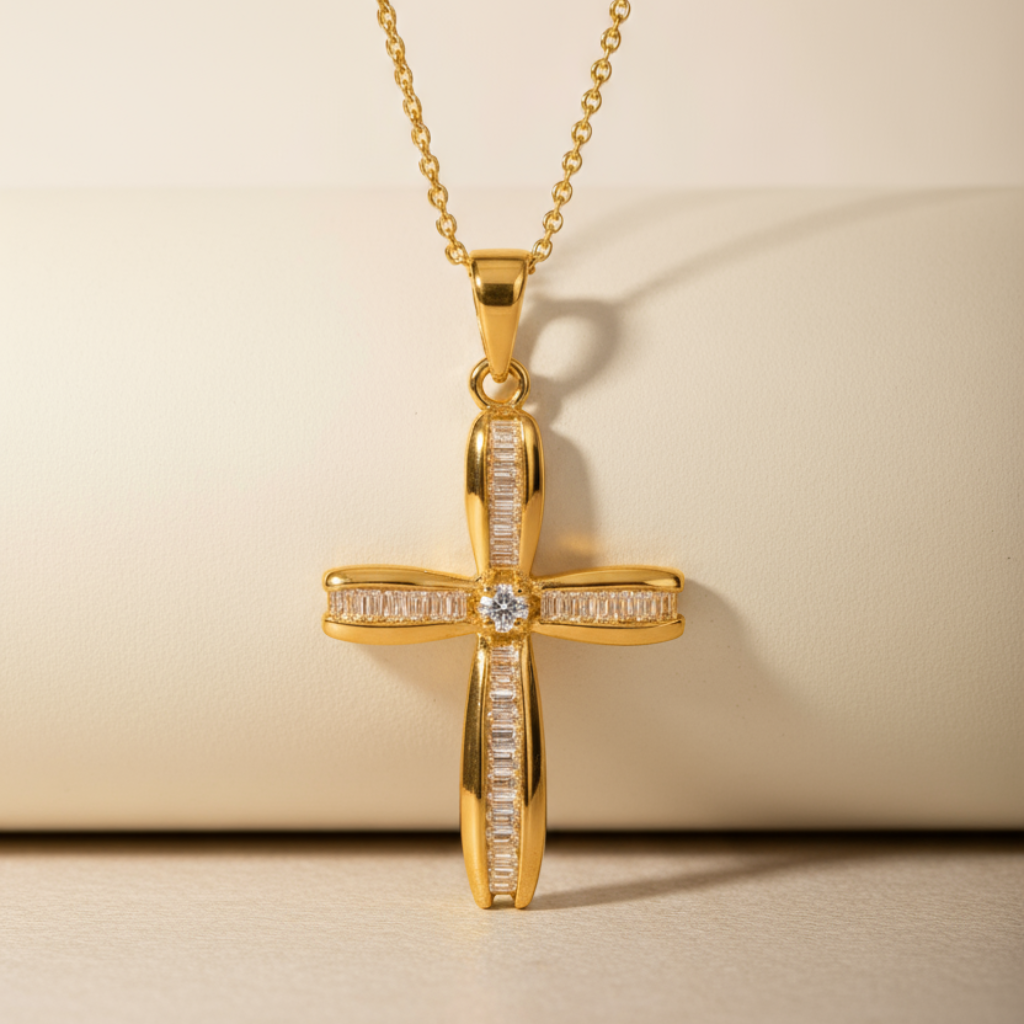 Baguette Round Cross Pendant Necklace