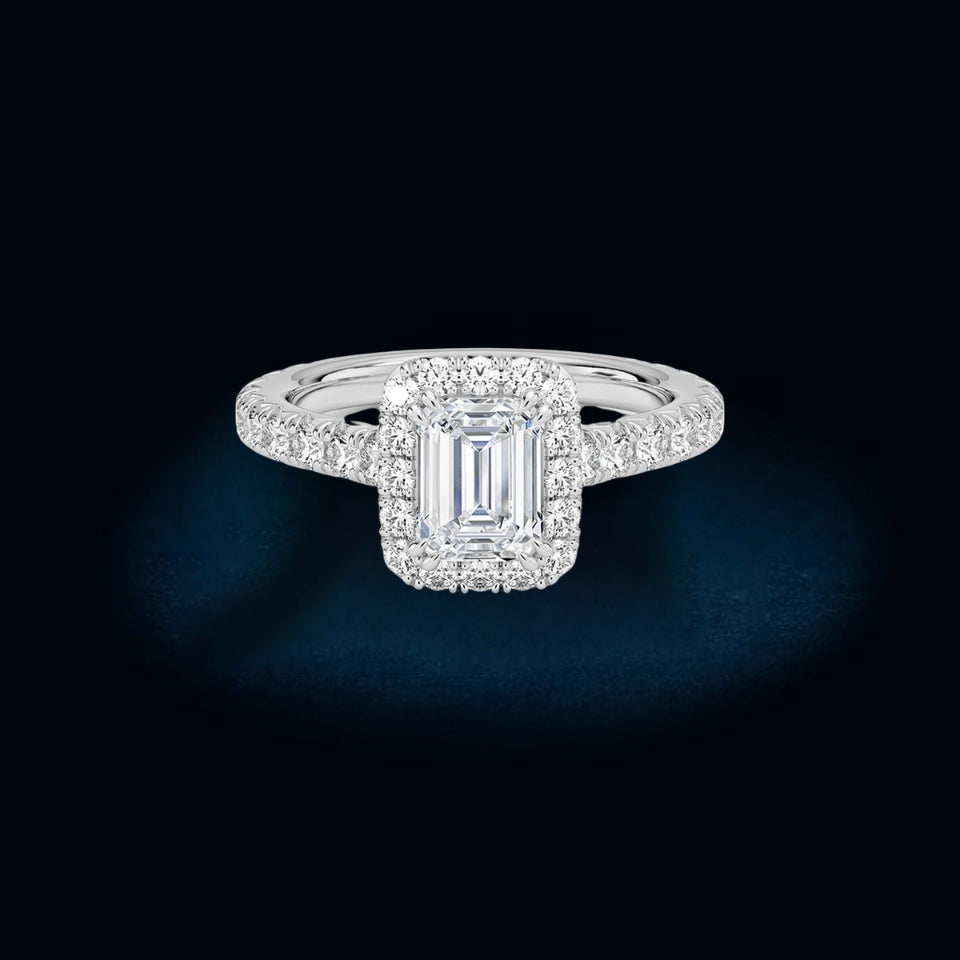 Emerald Cut Halo Moissanite Ring