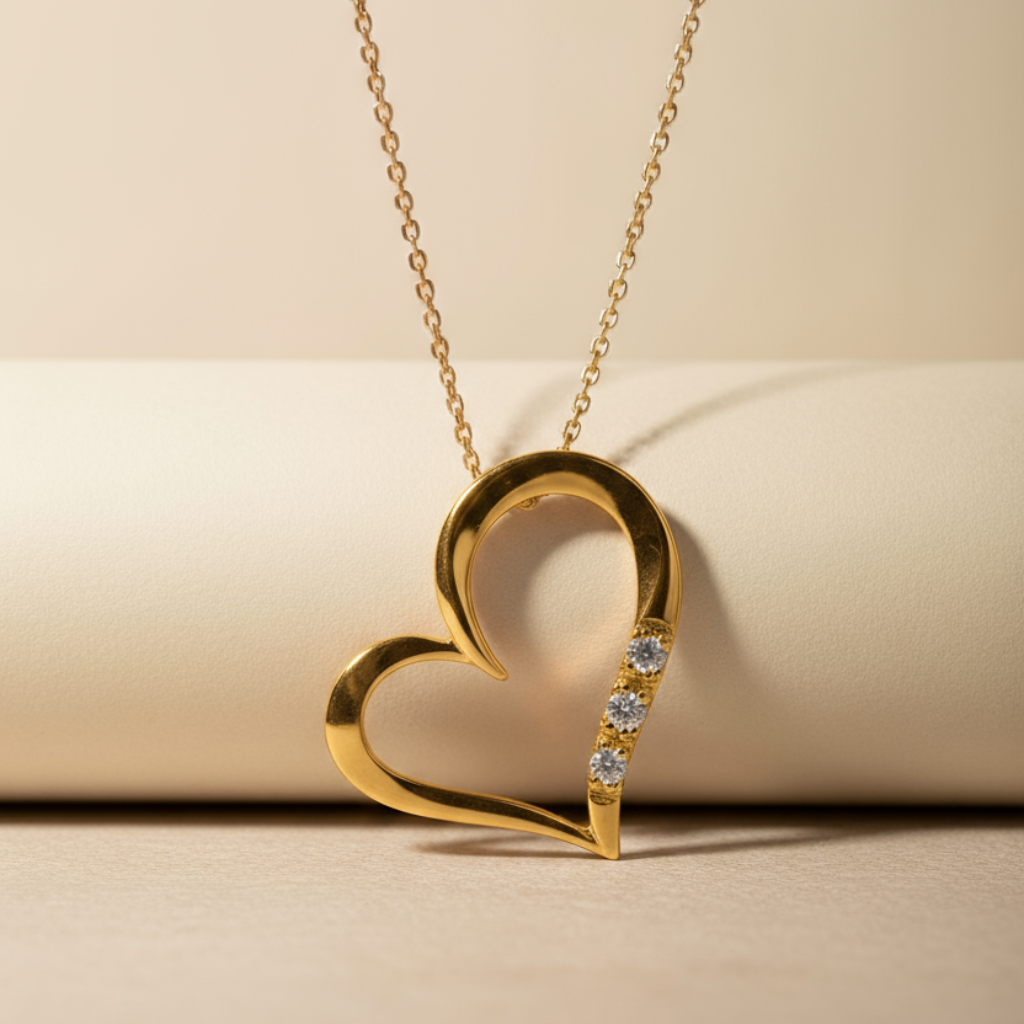 Three Stone Love Heart Pendant Necklace