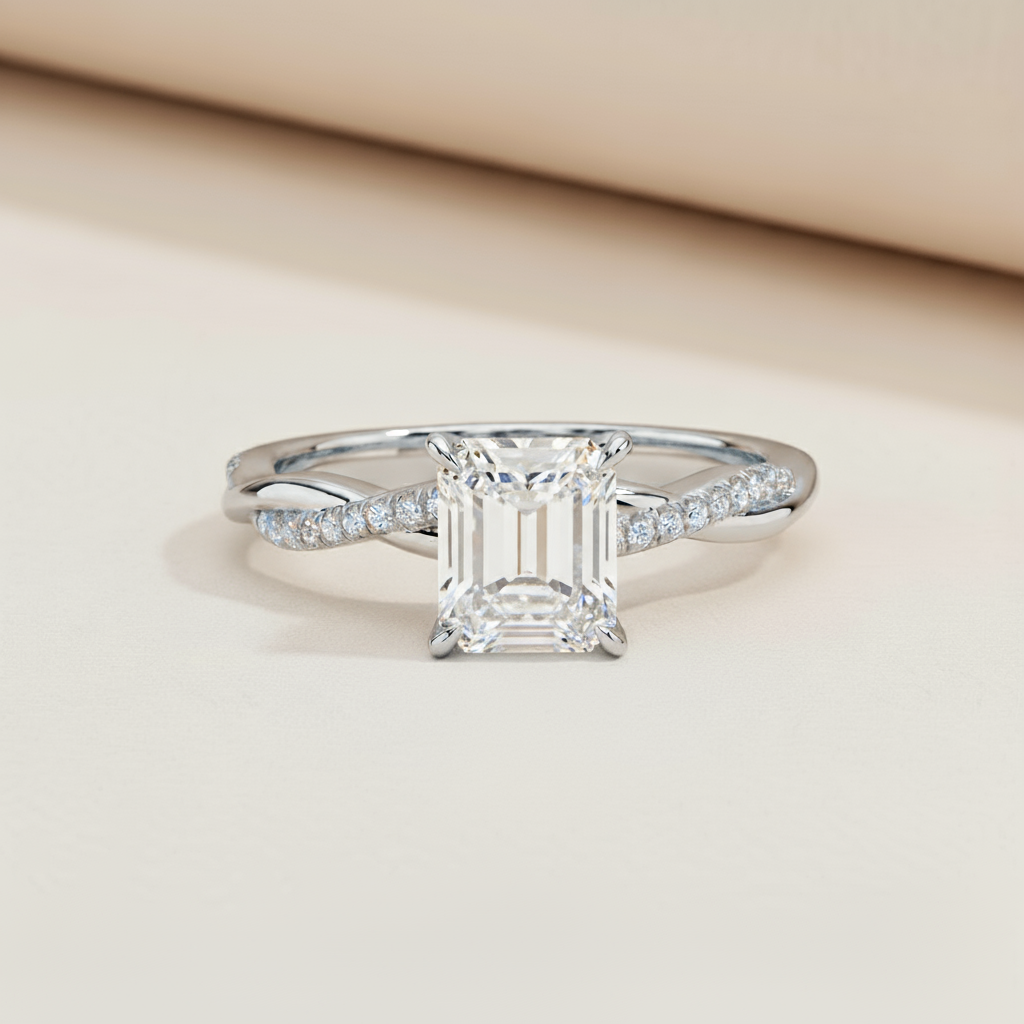 Emerald Twisted Moissanite Diamond Ring