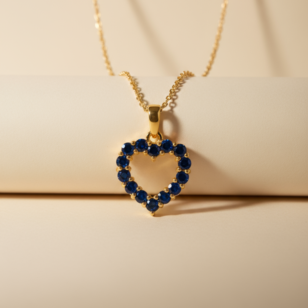 Blue Sapphire Heart Outline Drop Pendant Necklace