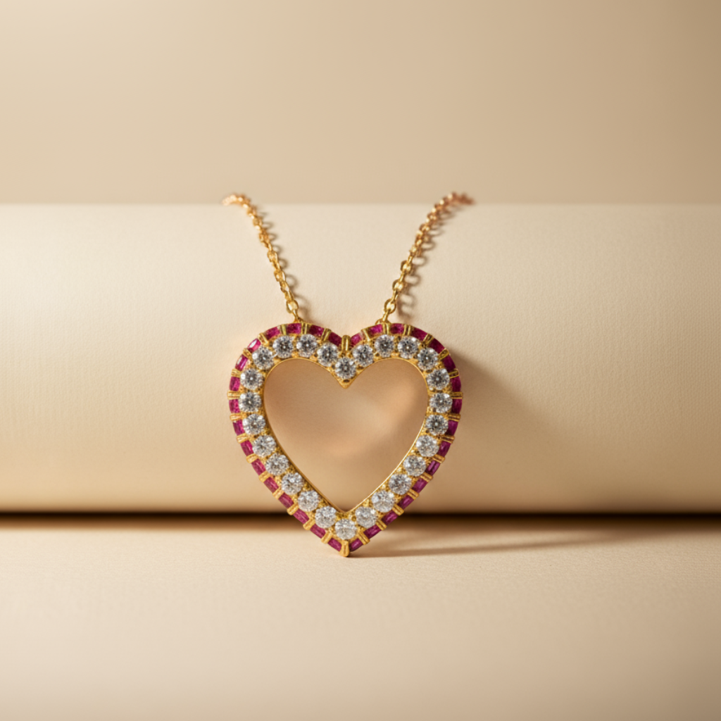 Pink Ruby Birthstone Heart Pendant Necklace
