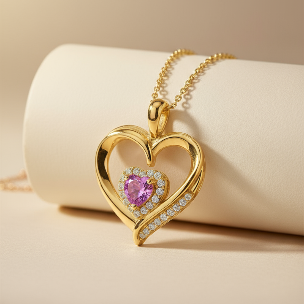 Pink Sapphire Double Love Heart Pendant Necklace